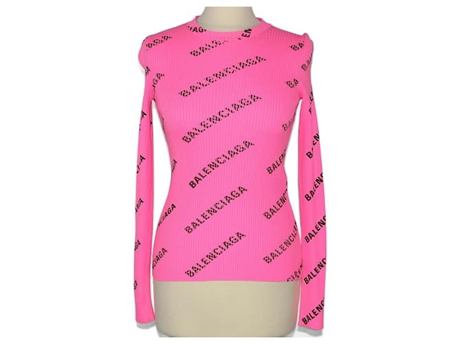 Balenciaga Pink Logo Print Rib Sweater Synthetic  ref.1252332