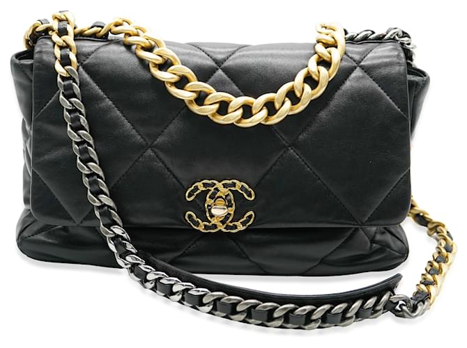 Chanel Pele de cordeiro acolchoada preta média Chanel 19 saco de aba Preto Couro  ref.1252369