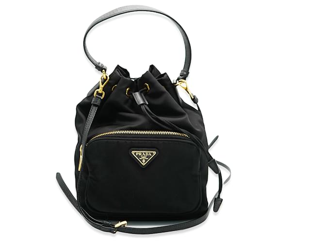 Prada Black Saffiano Nylon Mini Duet Bucket Bag Leather  ref.1252407