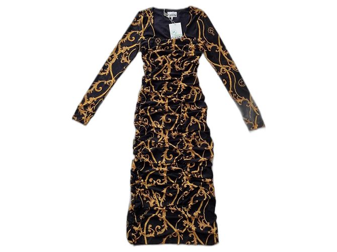 Vestido largo de malla estampada en negro de Ganni Naranja