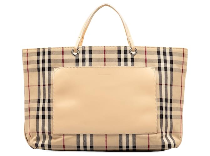 Burberry Brown House Check Tragetasche Braun Beige Leinwand Tuch  ref.1252737