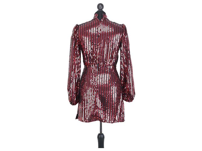 Autre Marque RIXO Kleid Dunkelrot Lange Ärmel Pailletten Bordeaux