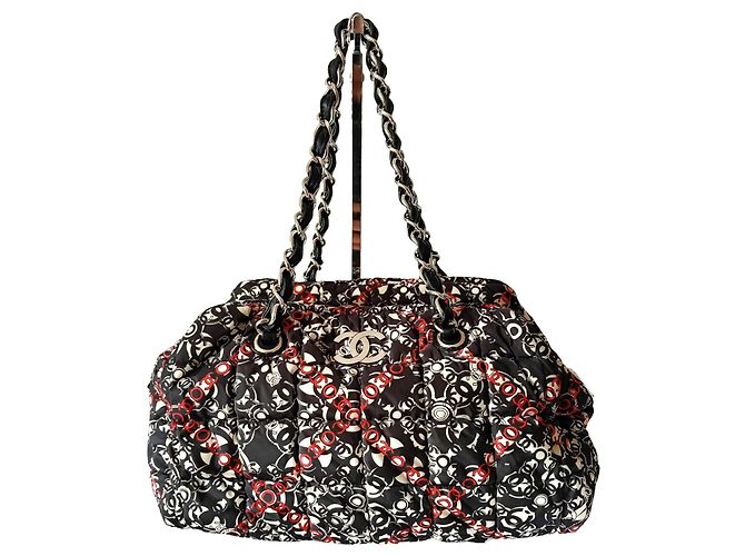 Bowling Chanel Filigree Handtasche Nylon Schwarz Rot Weiß