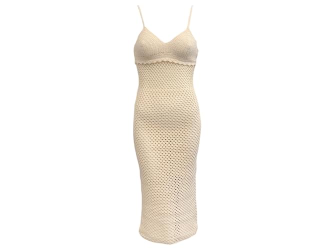 Autre Marque Santicler Ivory Open Knit Crochet Dress with Pearl Buttons Cream Cotton  ref.1253001