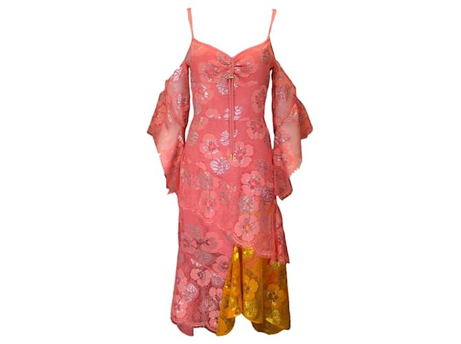 Autre Marque Peter Pilotto Coral Metallic Lace Midi Dress Pink Polyester  ref.1253002