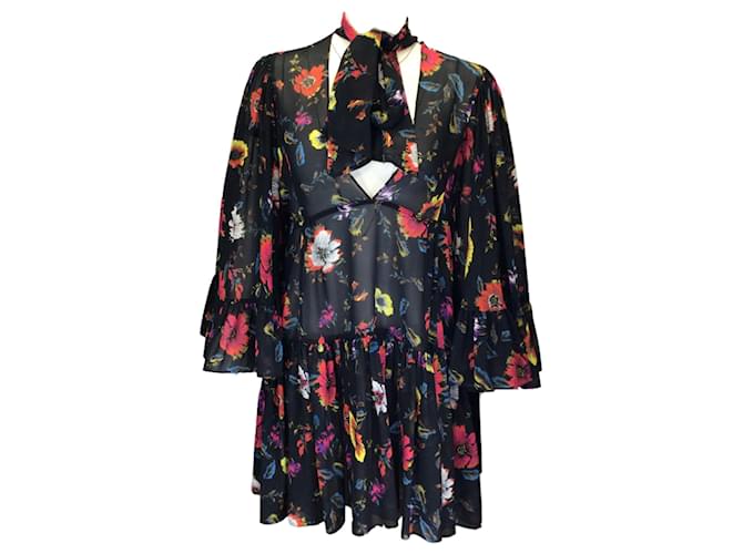 Autre Marque McQ by Alexander McQueen Black Multi Floral Printed Tie-Neck Ruffled Silk Dress Multiple colors  ref.1253004