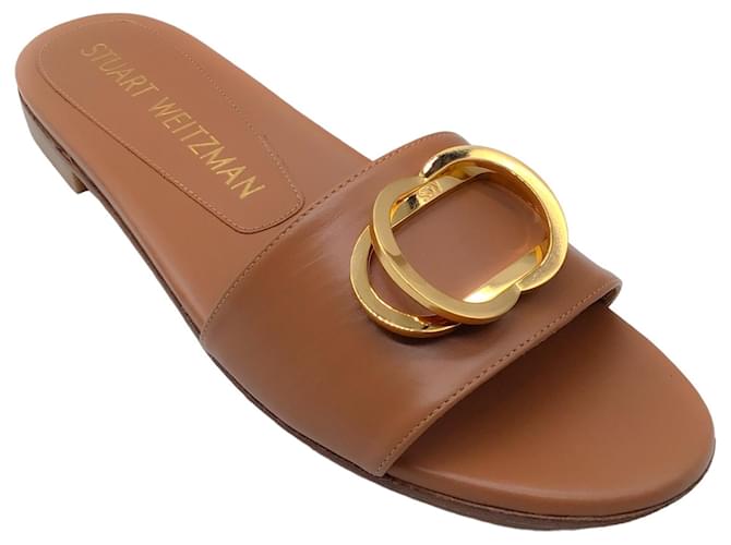 Stuart Weitzman Beige / Gold Hardware Flat Leather Slide Sandals  ref.1253006