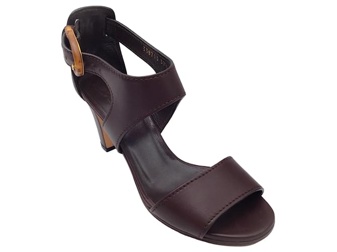 Sandálias de couro Gucci Lifford marrom escuro com fivela de bambu e salto médio  ref.1253013