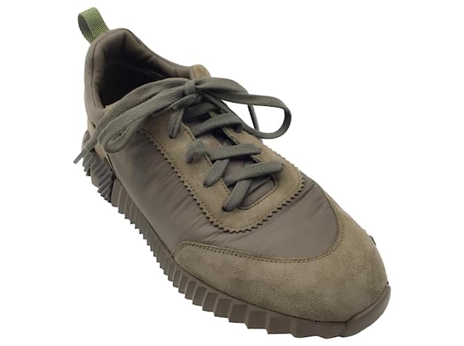 Autre Marque Hermes Olive Green Suede and Nylon Bouncing Sneakers  ref.1253014