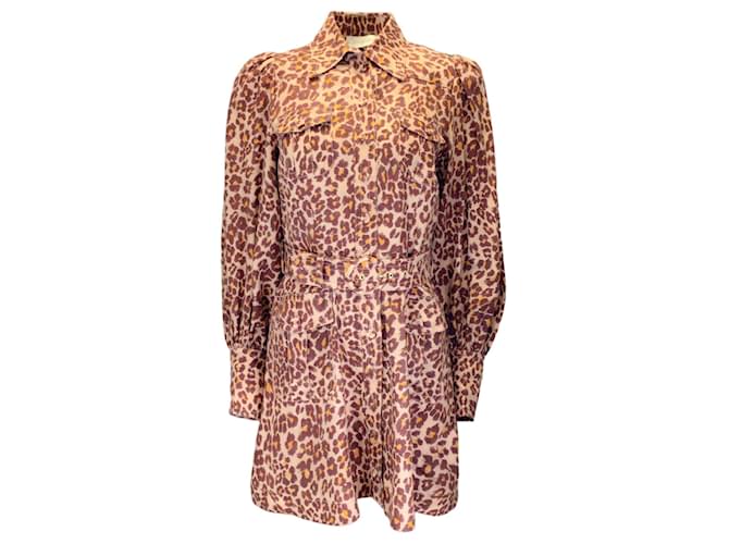 Autre Marque Zimmermann Mini vestido de linho marrom com estampa de leopardo e cinto de manga comprida  ref.1253017