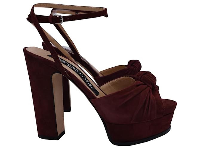 Sergio Rossi Kaia Knot Ankle-Strap Platform Sandals in Burgundy Suede Red Dark red  ref.1253145
