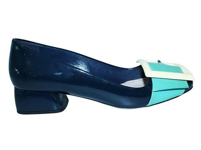 Miu Miu Patent Leather Block Heels with Yellow Buckle Blue Navy blue  ref.1253176