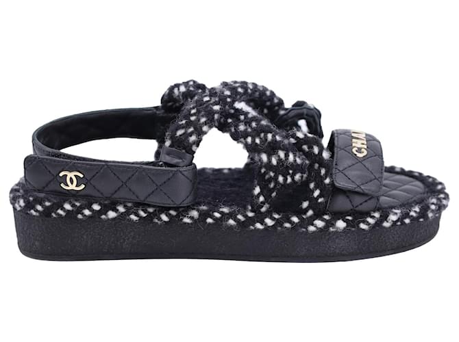 Sandálias Chanel Cord Tweed em couro de pele de cordeiro preto  ref.1253223