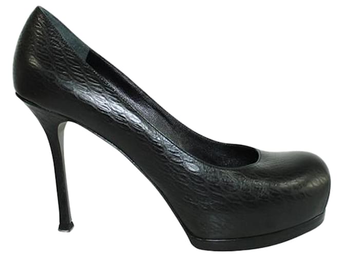 Yves Saint Laurent Black Textured Leather Round Toe Heels  ref.1253238