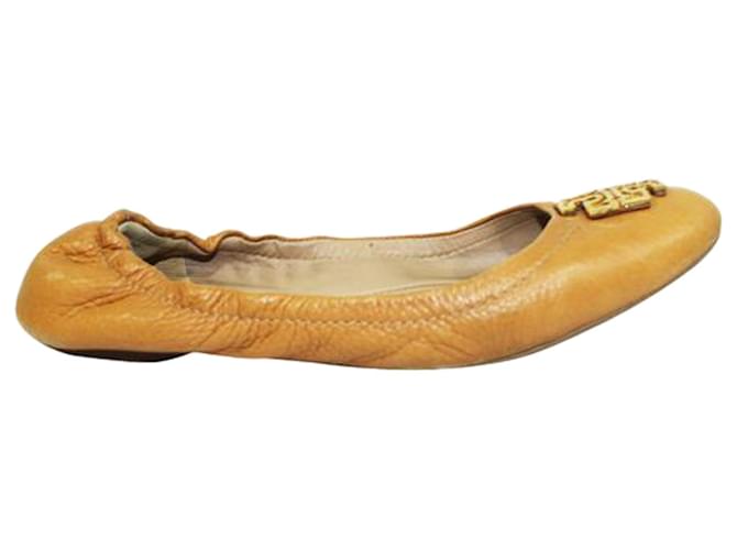 Tory Burch Brown Leather Ballerinas with Golden Logo  ref.1253243