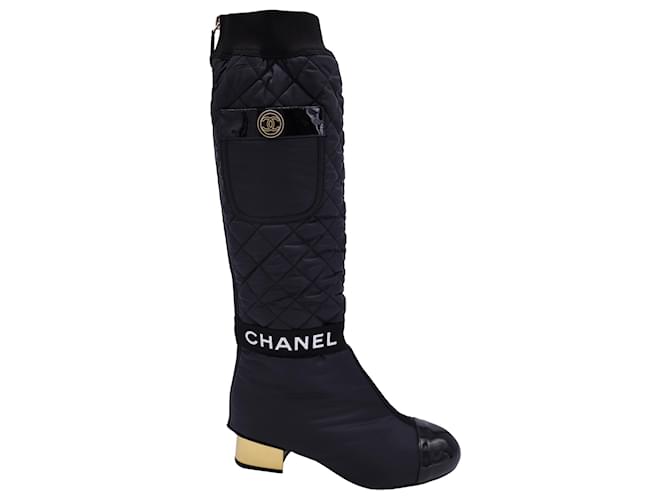 Chanel 2 inch 1 Botas intertravadas CC até o joelho em nylon preto  ref.1253257