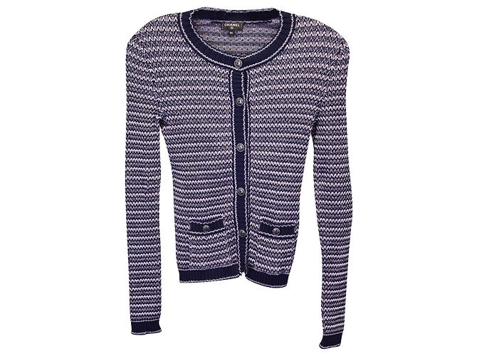Timeless Chanel Striped Buttoned Cardigan aus marineblauer Baumwolle