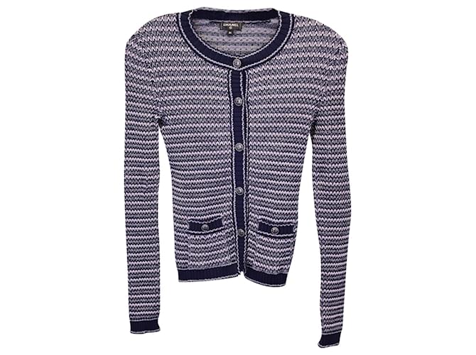Timeless Chanel Striped Buttoned Cardigan in Navy Blue Cotton  ref.1253271