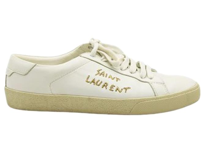 Saint Laurent Weißer SL/06 Klassische bestickte Court-Sneaker aus Canvas und Glattleder  ref.1253282