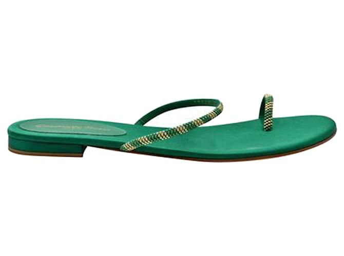 Gianvito Rossi Bottle Green Satin Flat Sandals One Toe Leather  ref.1253379