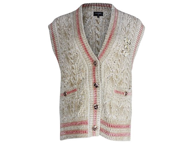 Timeless Chanel Strickweste mit Knopfleiste vorne aus beiger Viskose