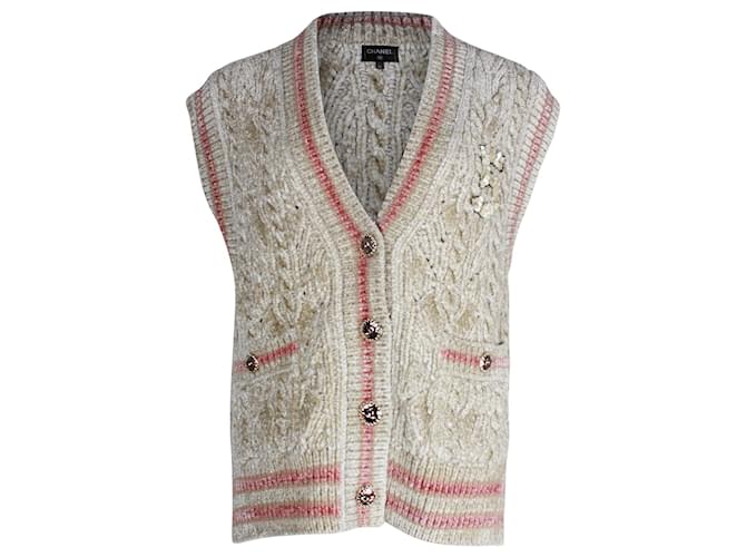 Timeless Chanel Button-Front Knitted Vest in Beige Viscose Cellulose fibre  ref.1253454