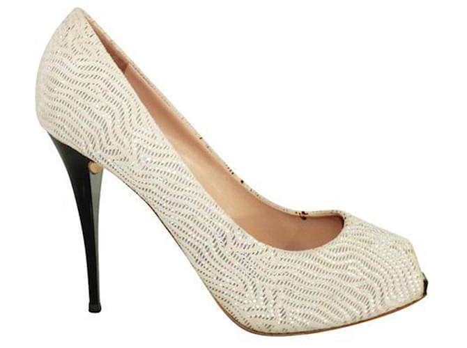 Gianvito Rossi Beige Peep-Toe Heels with Crystal Embellishments Brown Leather  ref.1253494