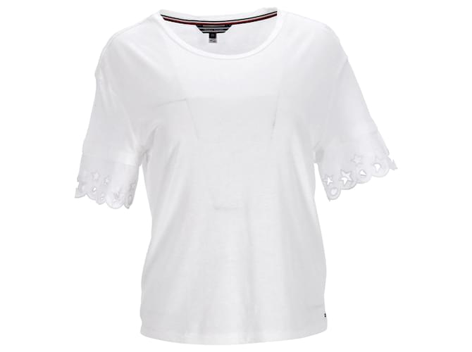 Tommy Hilfiger Womens Lace Sleeve T Shirt White Cotton  ref.1253561