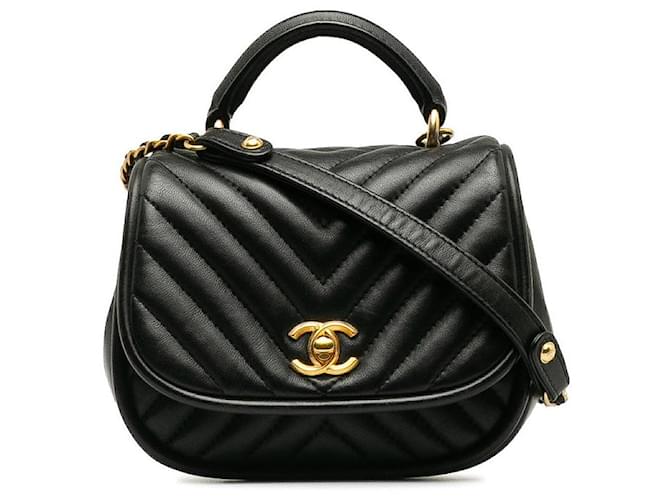 Chanel Mini sac à poignée supérieure CC Chevron Cuir  ref.1253565