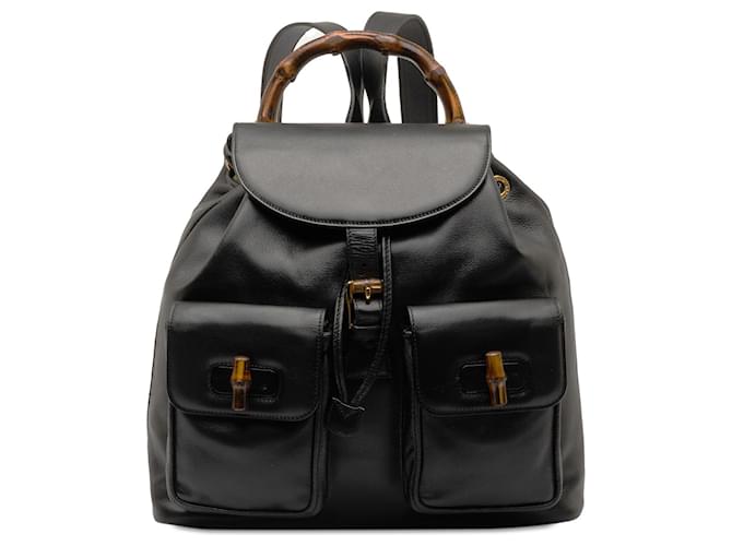 Gucci Black Bamboo Drawstring Leather Backpack Pony-style calfskin  ref.1253773