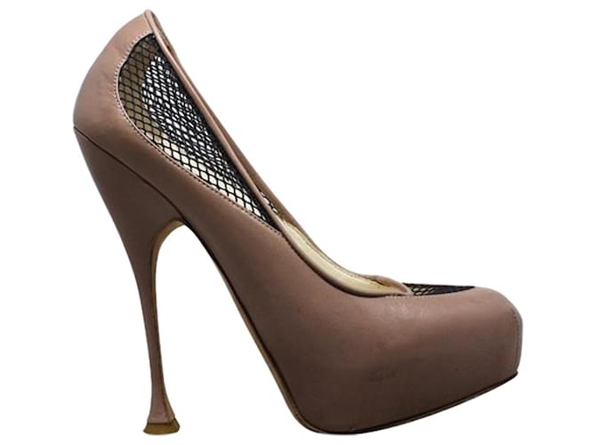 Brian Atwood Lace Leather Nude Pump Brown Flesh  ref.1253803