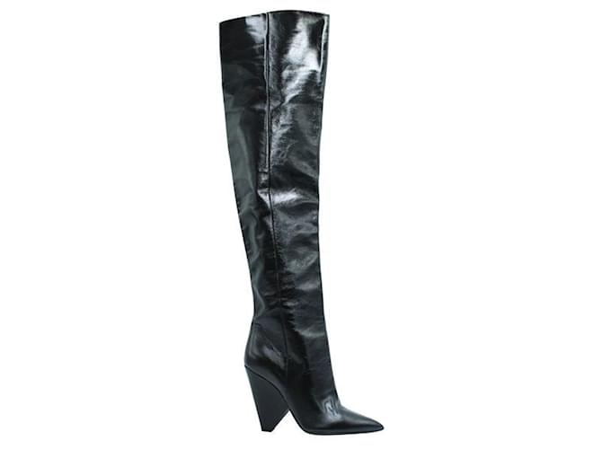 Saint Laurent Black Shinny Leather Over The Knee Black Boots  ref.1253810
