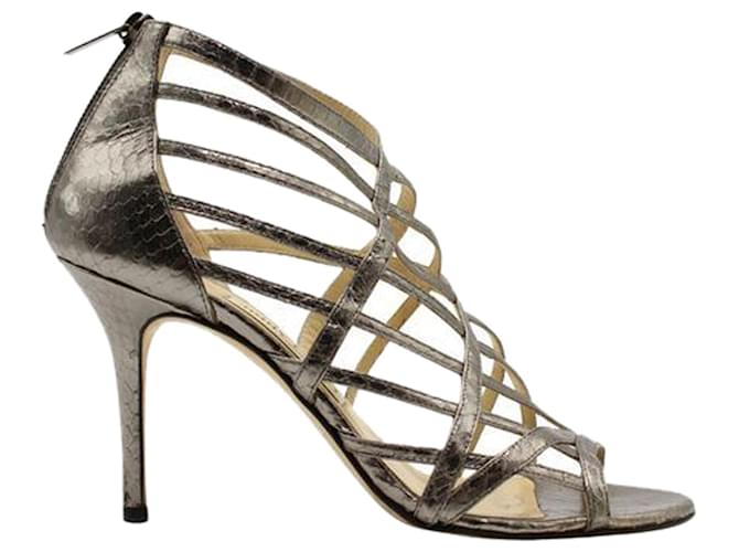 Jimmy Choo Silver Embossed Cage Sandals Silvery Metallic Leather  ref.1253880