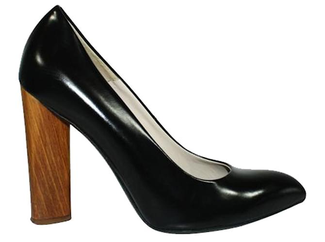 Yves Saint Laurent Zapatos de Salón de Piel Negra con Tacones de Madera Negro Cuero  ref.1253909