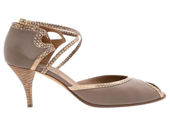 Hermès Snakeskin Trim Strappy High Heel Sandals Brown Leather  ref.1253959
