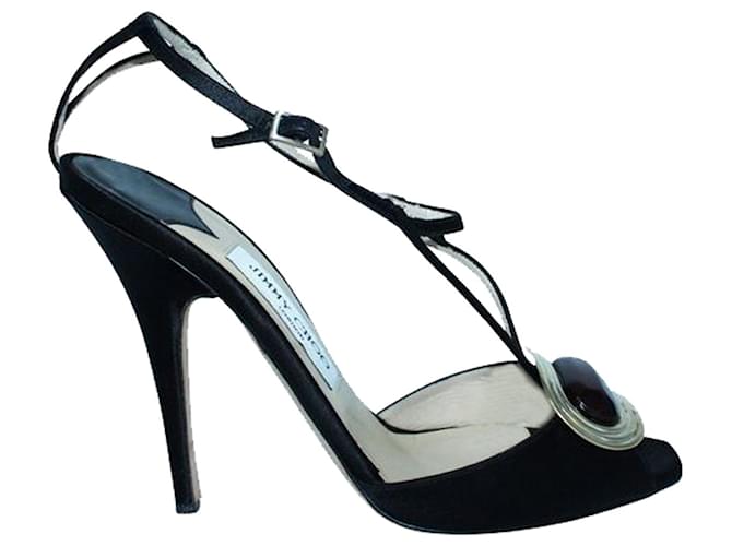 Jimmy Choo Black Satin Heels with Crystal Accent Leather  ref.1253962