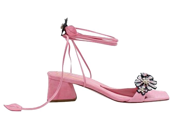 Roger Vivier Pink Suede Sandals with Flower Embroidery Leather  ref.1253971
