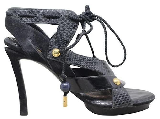 Louis Vuitton Sandales noires à talons hauts en dentelle vernie en daim et python Suede  ref.1254029