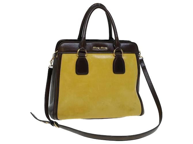 Miu Miu Shoulder Bag Vitello Shine Leather 2way Yellow Brown Auth bs8888  ref.1254706