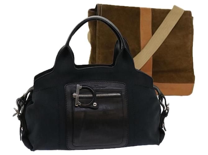 Salvatore Ferragamo Shoulder Bag Suede Canvas 2Set Brown Black Auth bs11148  ref.1254996