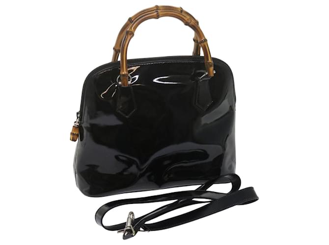 GUCCI Bamboo Hand Bag Patent leather 2way Black 000 01 0290 Auth ti1450  ref.1255373