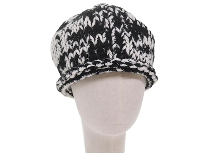 CHANEL COCO Mark Knitted Fabrics Hat Wool Black White CC Auth am5382  ref.1255732