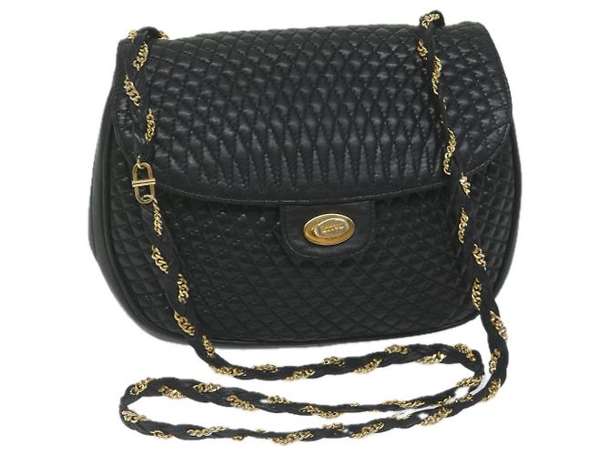 Bolsa de ombro com corrente acolchoada BALLY couro preto Auth am5550
