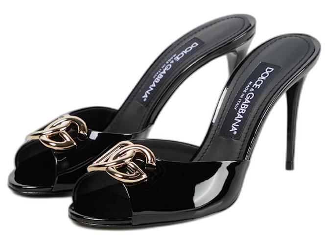 Dolce & Gabbana Mules en cuir verni avec logo breveté Vernis Noir  ref.1255944