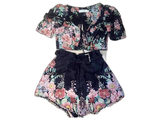Zimmermann Beautiful set with a laced crop top and shorts. Black Pink Linen  ref.1255951