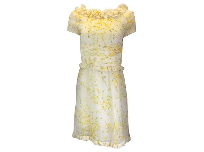 Autre Marque Valentino Ivory / Yellow / Green Multi Floral Printed Ruffled Short Sleeved Silk Dress Multiple colors  ref.1255966