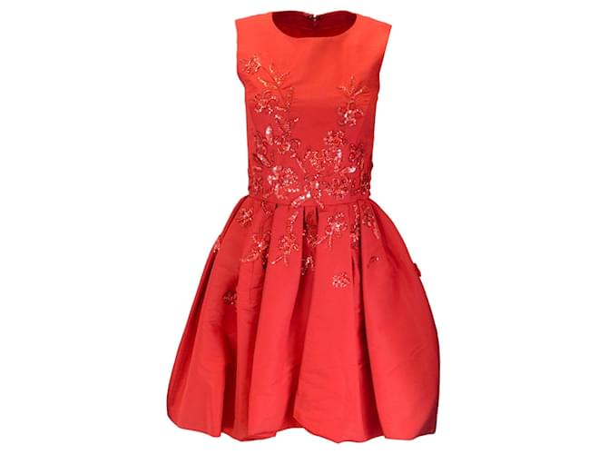 Autre Marque Carolina Herrera Red Floral Embellished Sleeveless A-Line Dress Silk  ref.1255975