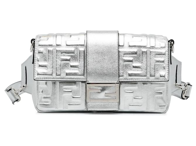Silver Fendi Prints On Zucca Embossed Convertible Baguette Belt Bag Silvery Leather  ref.1256013