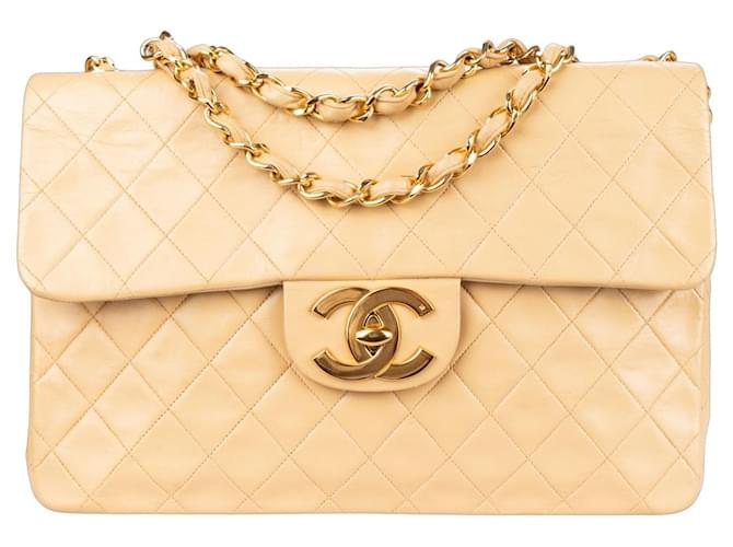 Chanel Quilted Lambskin 24K Gold Jumbo Single Flap Bag Beige Cloth  ref.1256138
