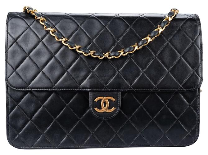 Chanel gestepptes Lammleder 24K Gold Single Flap Bag Schwarz Leinwand  ref.1256139